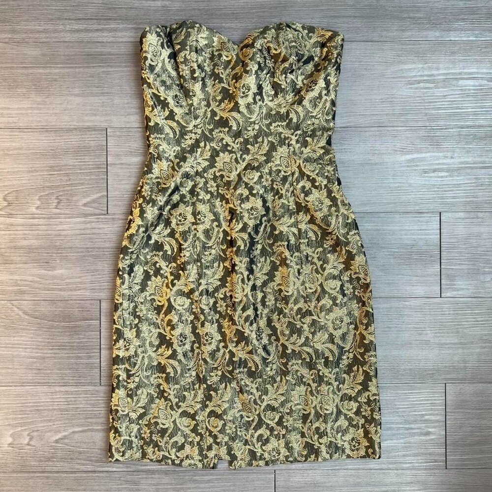 Vtg 90s Gold Metallic Brocade Strapless Mini Dress Moda International Size XS